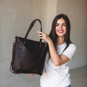 Genuine Leather Tote Bag Leather Anniversary Wedding Gift for Women Men Zipper Leather Purse Custom Gift for Her Travel Essential