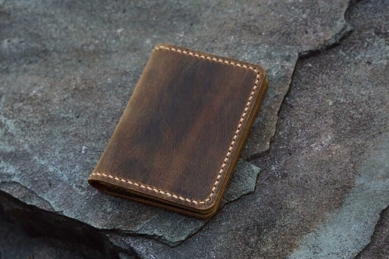 Distressed Leather Card Holder Bifold Minimalist Wallet For Men - Brown - Image 2