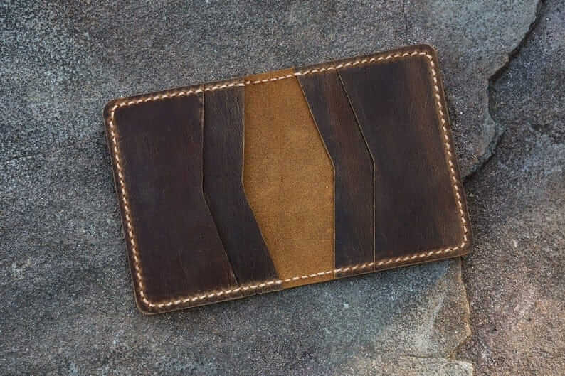 Distressed Leather Card Holder Bifold Minimalist Wallet For Men - Brown