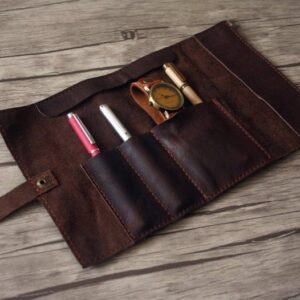 Dark Brown Leather pencil Roll - Pen Holder / Case - Pen Sleeve
