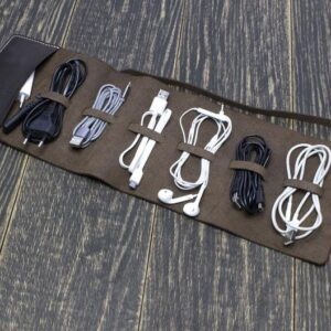 Leather USB Cable Organiser Cord Holder Head Phone Holder - Brown