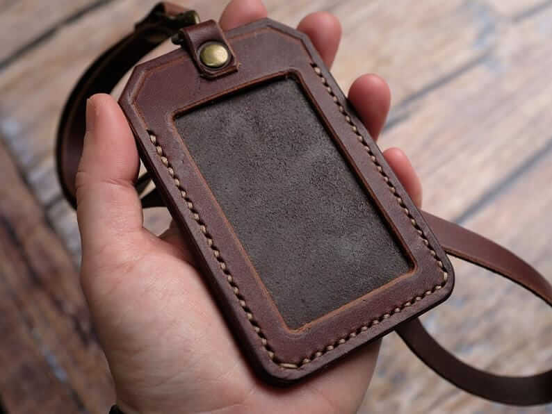 Leather id Card Holder - Unisex card holder Id Lanyard - Brown