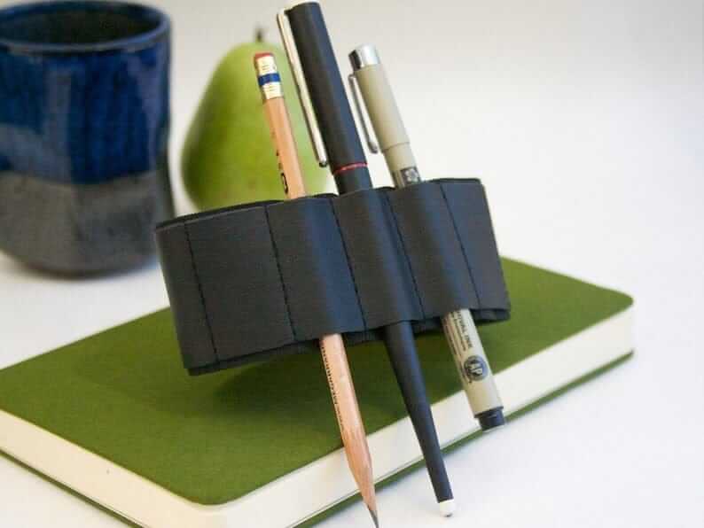 Leather Pen Bandolier, Leather Pencil Holder, Journal Pencil Holder Book Strap - Black - Image 3