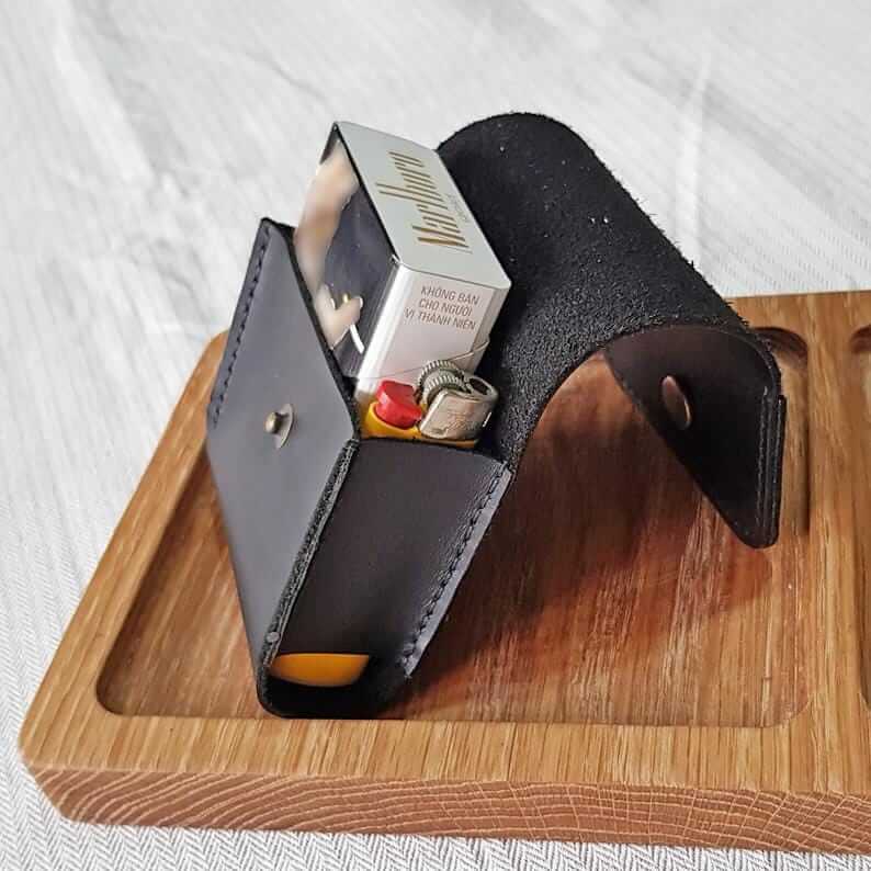 Leather Cigarette Pack Holder / Case Travel Pouch - Black