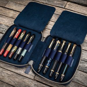 Leather Zippered 10 Slots Pen Case