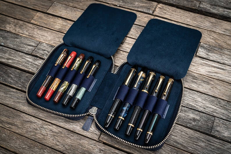 Leather Zippered 10 Slots Pen Case