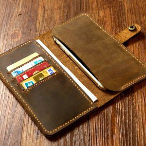 BROWN DISTRESSED LEATHER MOBILE WALLET CASE WITH SNAP / LEATHER PHONE Wallet for men