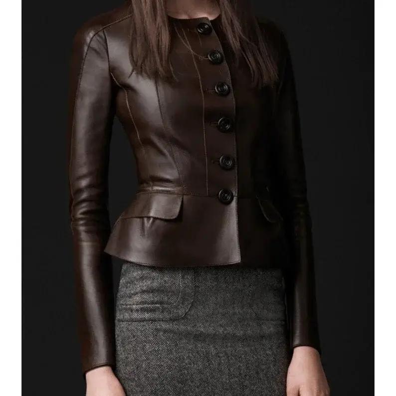Women Genuine Leather Peplum Style Jacket with collar & long SleevesĀ