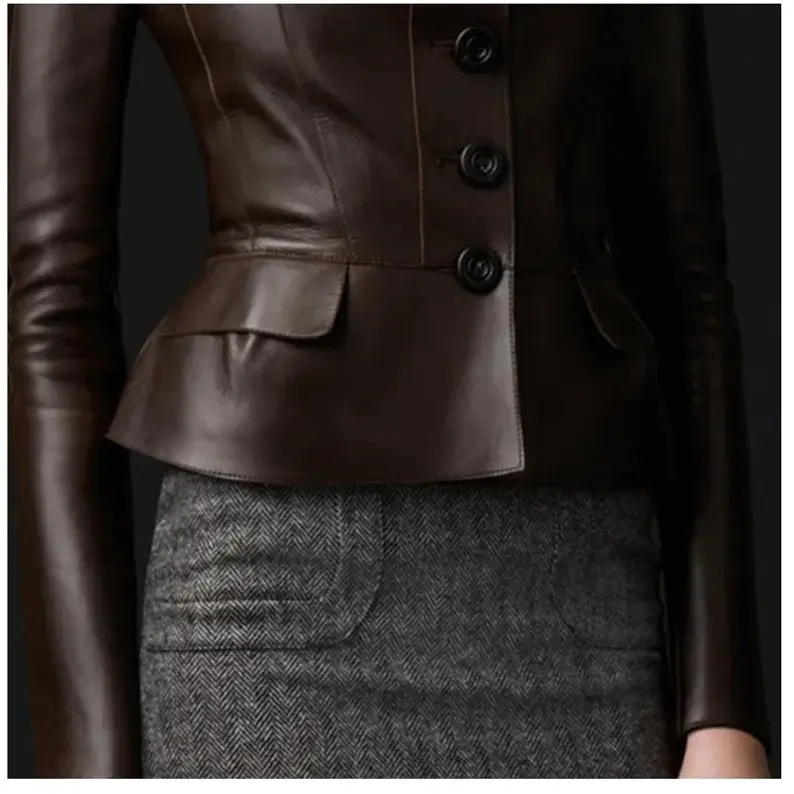 Women Genuine Leather Peplum Style Jacket with collar & long SleevesĀ - Image 4