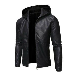 Black Hood Leather Jacket for Men Hoodie Hoodie Jacket Men's Leather