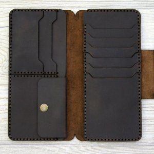 Vintage handmade leather log wallet unisex leather long wallet - Dark Brown
