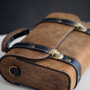 Vintage Cow Leather & Natural Wood Bag For Men, Leather Laptop Bag With Adjustable Shoulder Strap