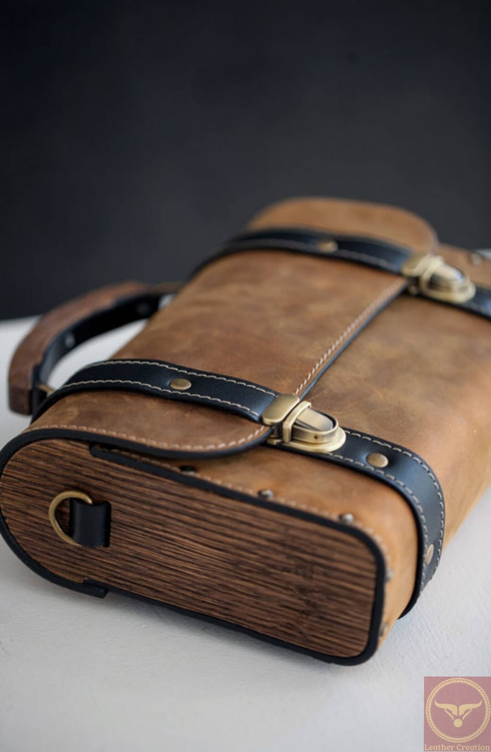 Vintage Cow Leather & Natural Wood Bag For Men, Leather Laptop Bag With Adjustable Shoulder Strap