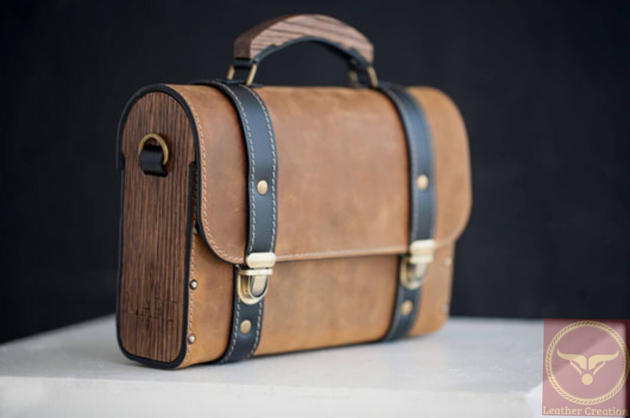 Vintage Cow Leather & Natural Wood Bag For Men, Leather Laptop Bag With Adjustable Shoulder Strap - Image 3