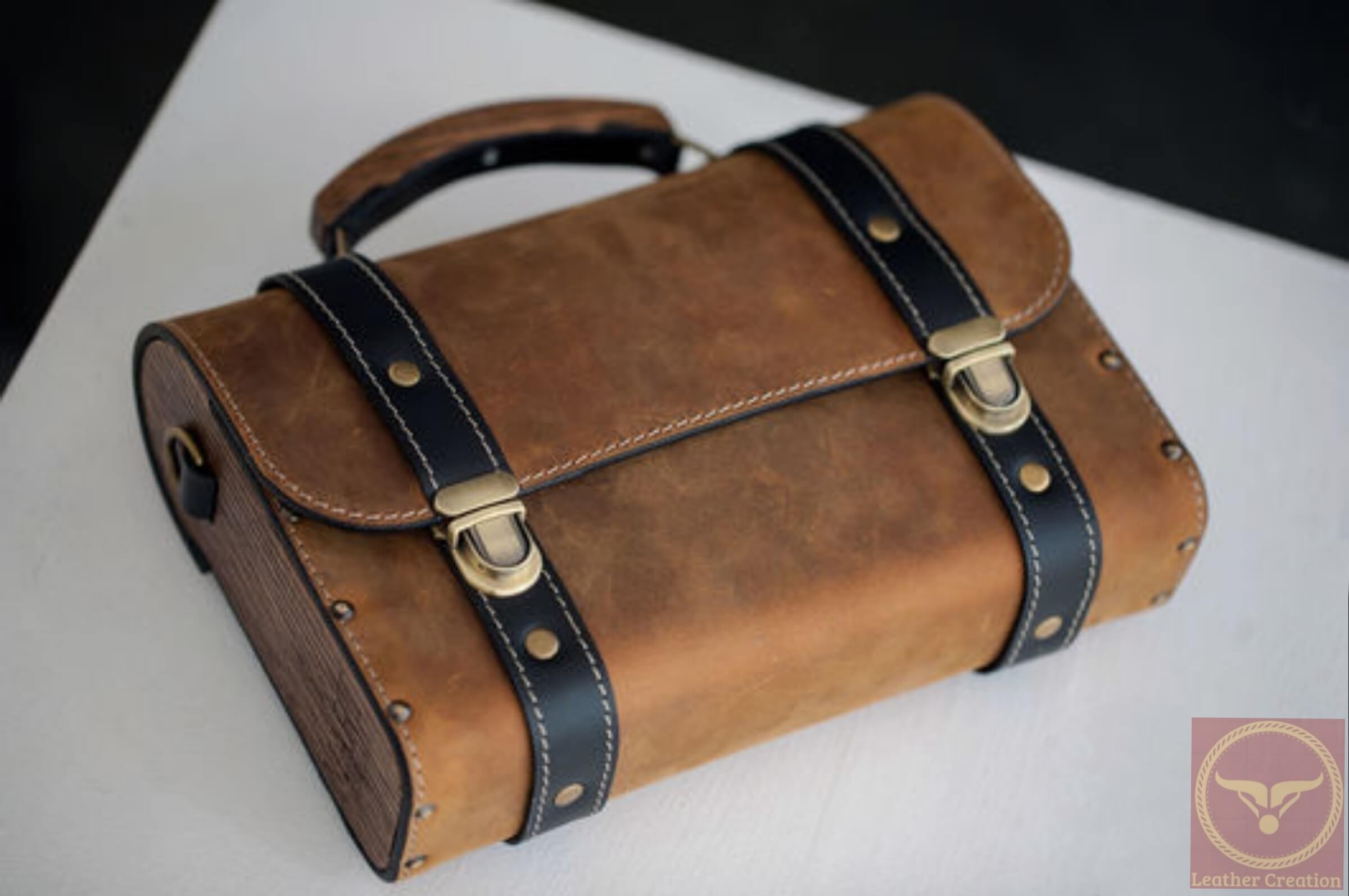 Vintage Cow Leather & Natural Wood Bag For Men, Leather Laptop Bag With Adjustable Shoulder Strap - Image 6
