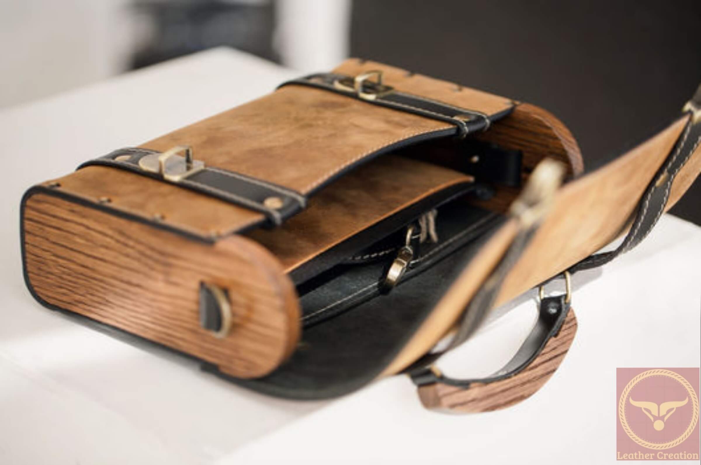 Vintage Cow Leather & Natural Wood Bag For Men, Leather Laptop Bag With Adjustable Shoulder Strap - Image 2