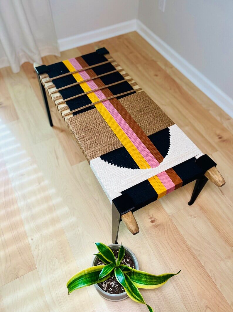 Hand Woven Bench •Stylish Bench Mid Century Woven Bench • Modern Entryway Bench • End Bench • Metal Bench • Charpoy Bench, Hand Woven Bench
