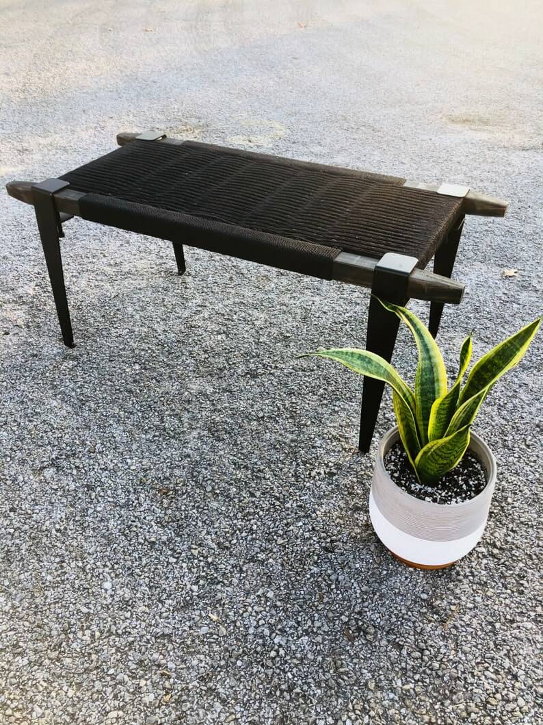 Mid Century Modern Style Bench • Modern Entryway Bench • End of Bed Handmade Bench • Minimalist Woven Bench -Black