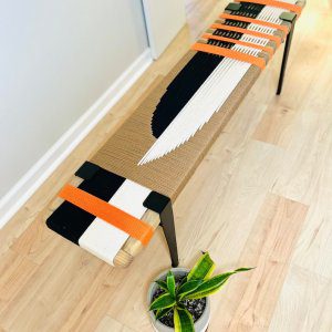 Mid-Century Modern Style Bench • Mudroom / Entryway Bench • Hand Woven End of Bed Stool