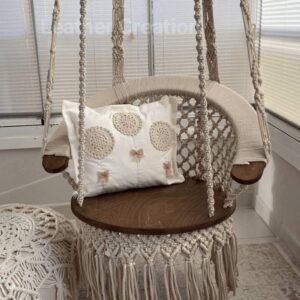 Cotton Macrame Wood Swing, Hanging Chair, Tree Swing, Outdoor indoor Swing, Wedding Swing, Boho Swing, Rocking Chair, Adult and Kid Chair