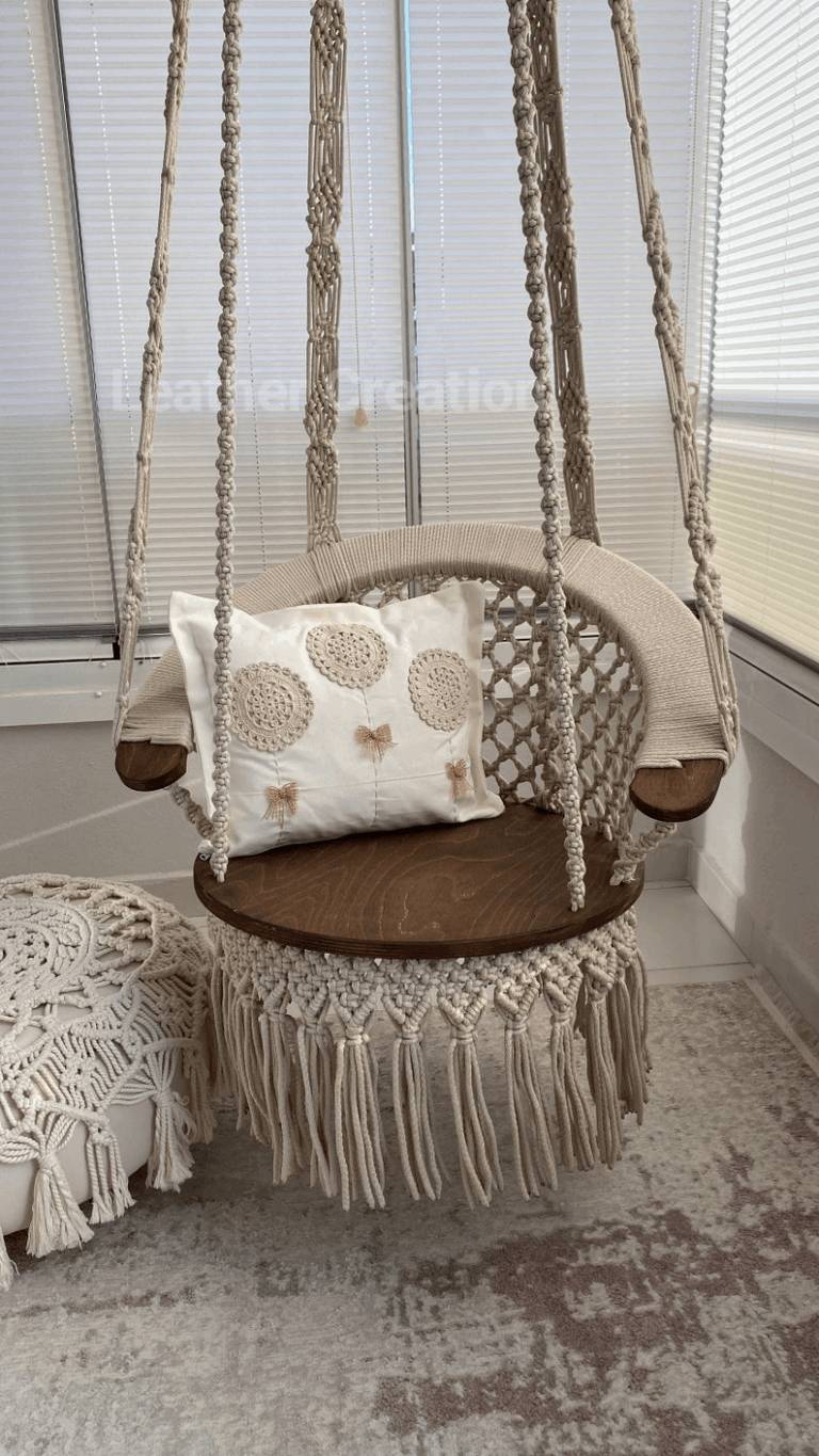 Cotton Macrame Wood Swing, Hanging Chair, Tree Swing, Outdoor indoor Swing, Wedding Swing, Boho Swing, Rocking Chair, Adult and Kid Chair