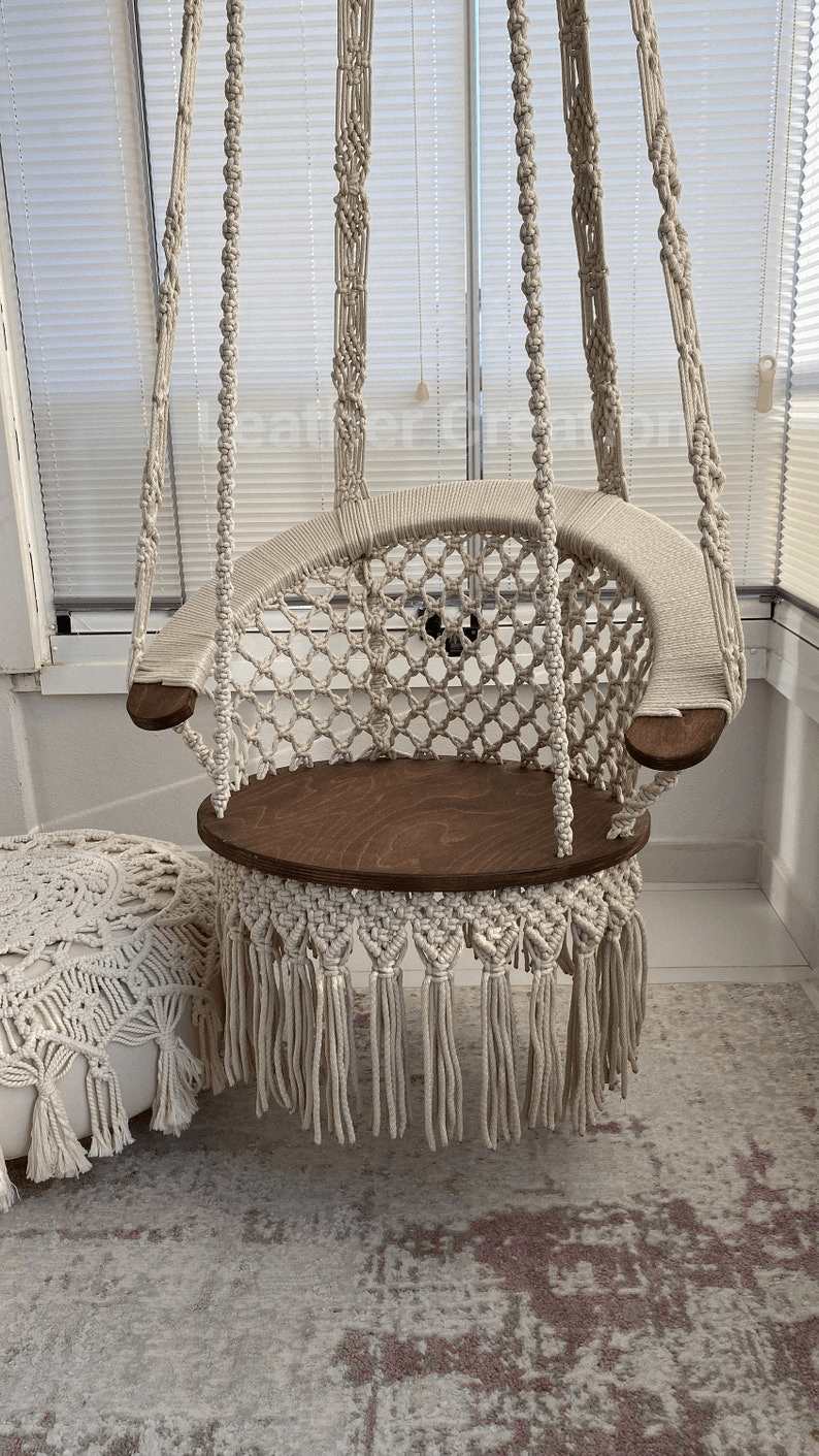 Cotton Macrame Wood Swing, Hanging Chair, Tree Swing, Outdoor indoor Swing, Wedding Swing, Boho Swing, Rocking Chair, Adult and Kid Chair - Image 3