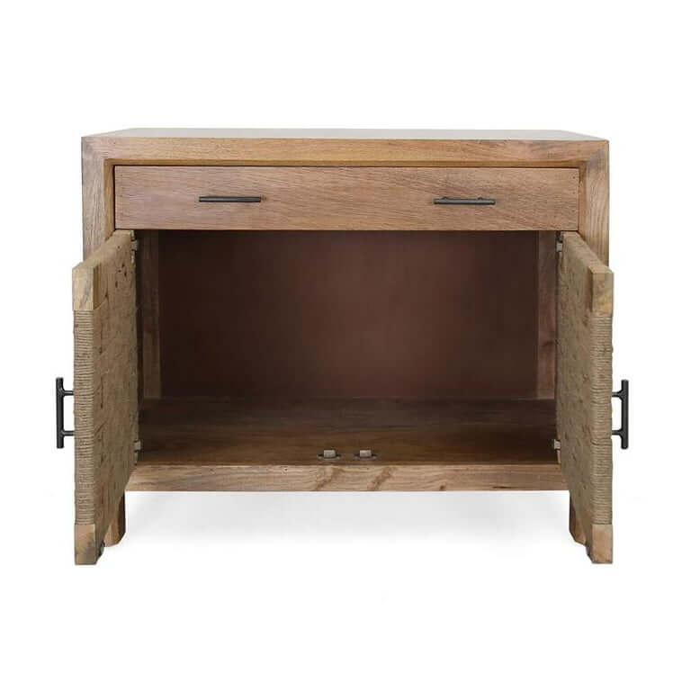 Antique Solid Wood & Jute Two Door One Drawer Wood Cabinet - Image 3