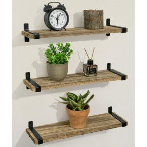 Rustic Wood Floating Shelves Wall Mounted Set of 3, Brown Wall Shelf with Metal Brackets, Home Decor Storage