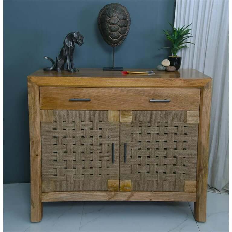 Antique Solid Wood & Jute Two Door One Drawer Wood Cabinet - Image 4