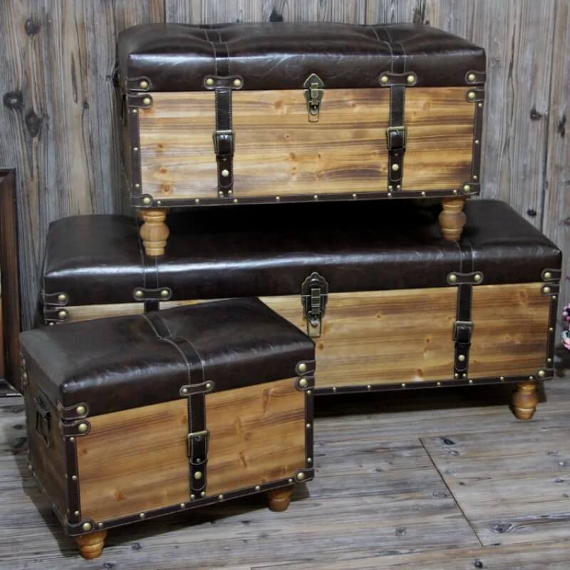 Leather Vintage Wood Storage Ottoman, Trunk With Leather Seat,Flip Top Bed End Stool Bench,Industrial Rustic Leather Storage Bench - Image 4