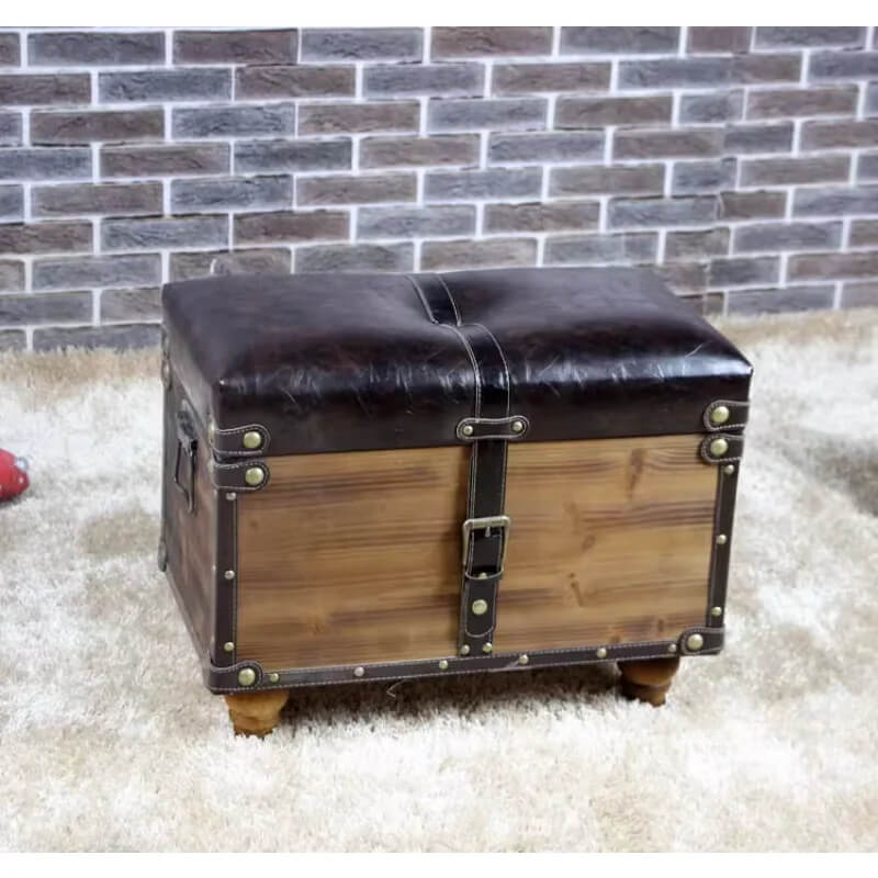 Leather Vintage Wood Storage Ottoman, Trunk With Leather Seat,Flip Top Bed End Stool Bench,Industrial Rustic Leather Storage Bench - Image 2