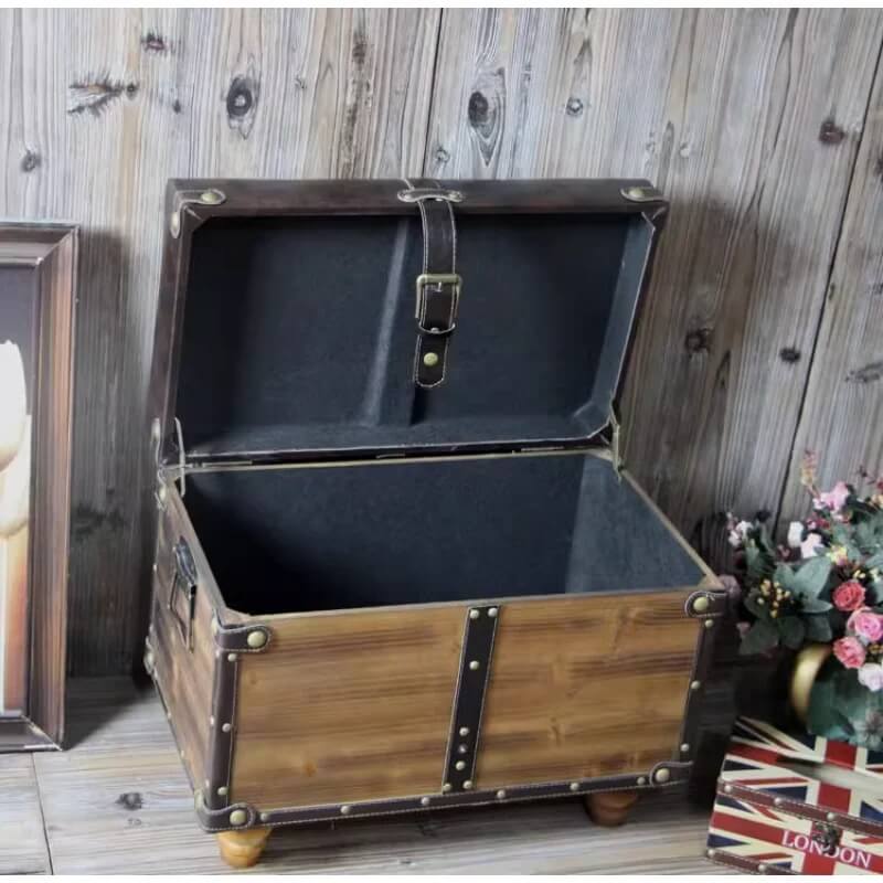Leather Vintage Wood Storage Ottoman, Trunk With Leather Seat,Flip Top Bed End Stool Bench,Industrial Rustic Leather Storage Bench - Image 3