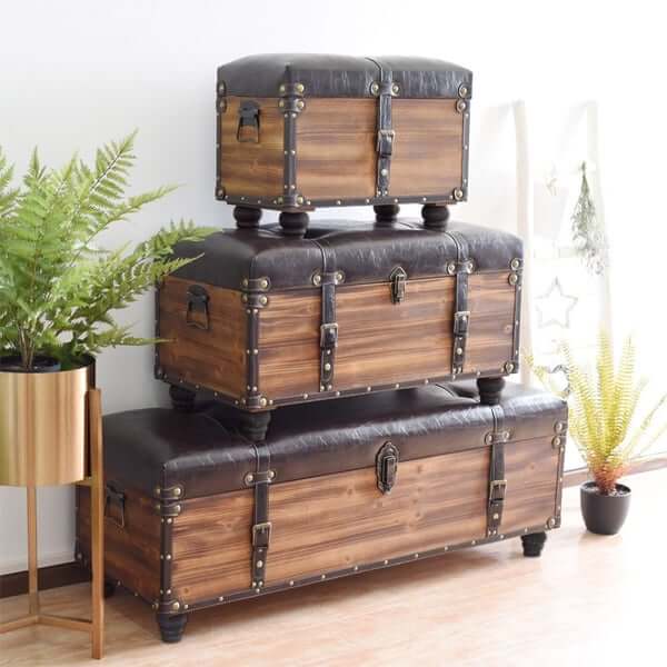 Leather Vintage Wood Storage Ottoman, Trunk With Leather Seat,Flip Top Bed End Stool Bench,Industrial Rustic Leather Storage Bench
