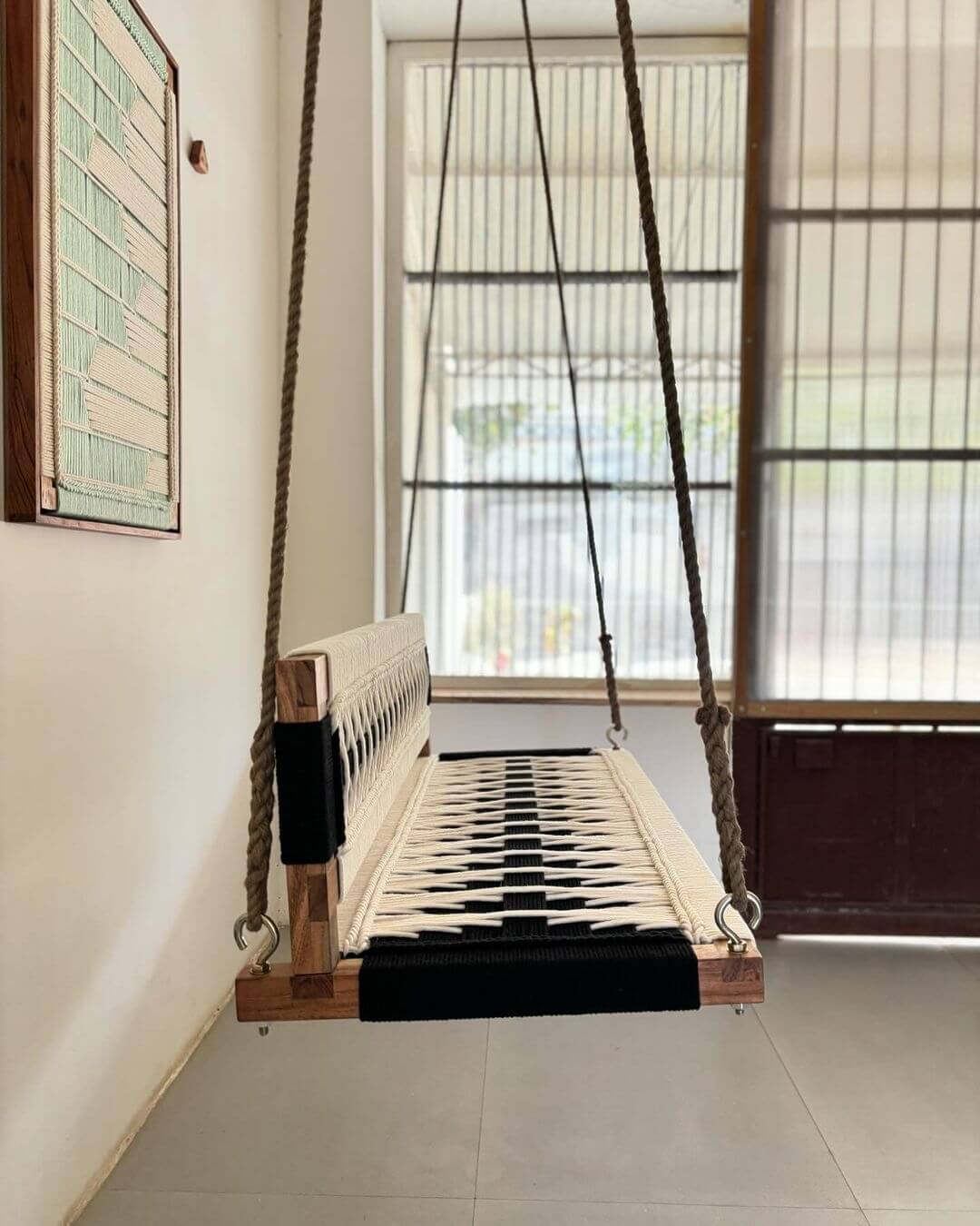 Hand Woven Swing, Boho Swing For 3 to 4 Persons, Crochet Swing,Outdoor/Indoor Swing, Rocking Bench, Hanging Bench