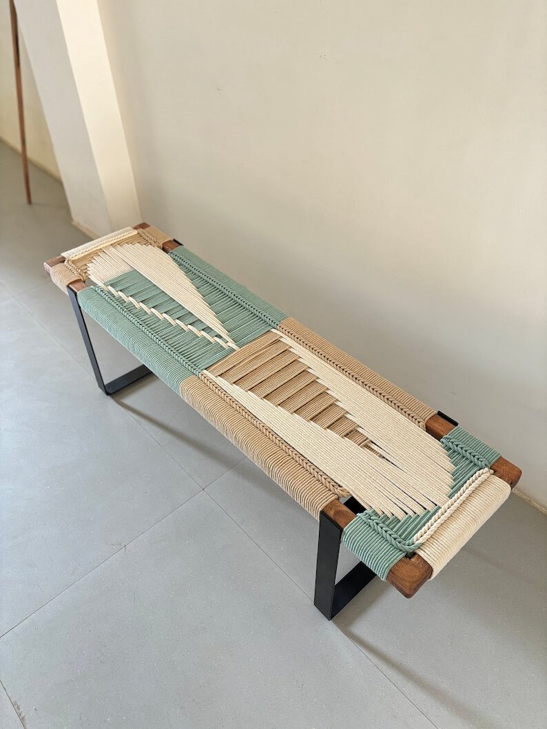 Mid Century Woven Bench • Modern Entryway Bench - Image 4