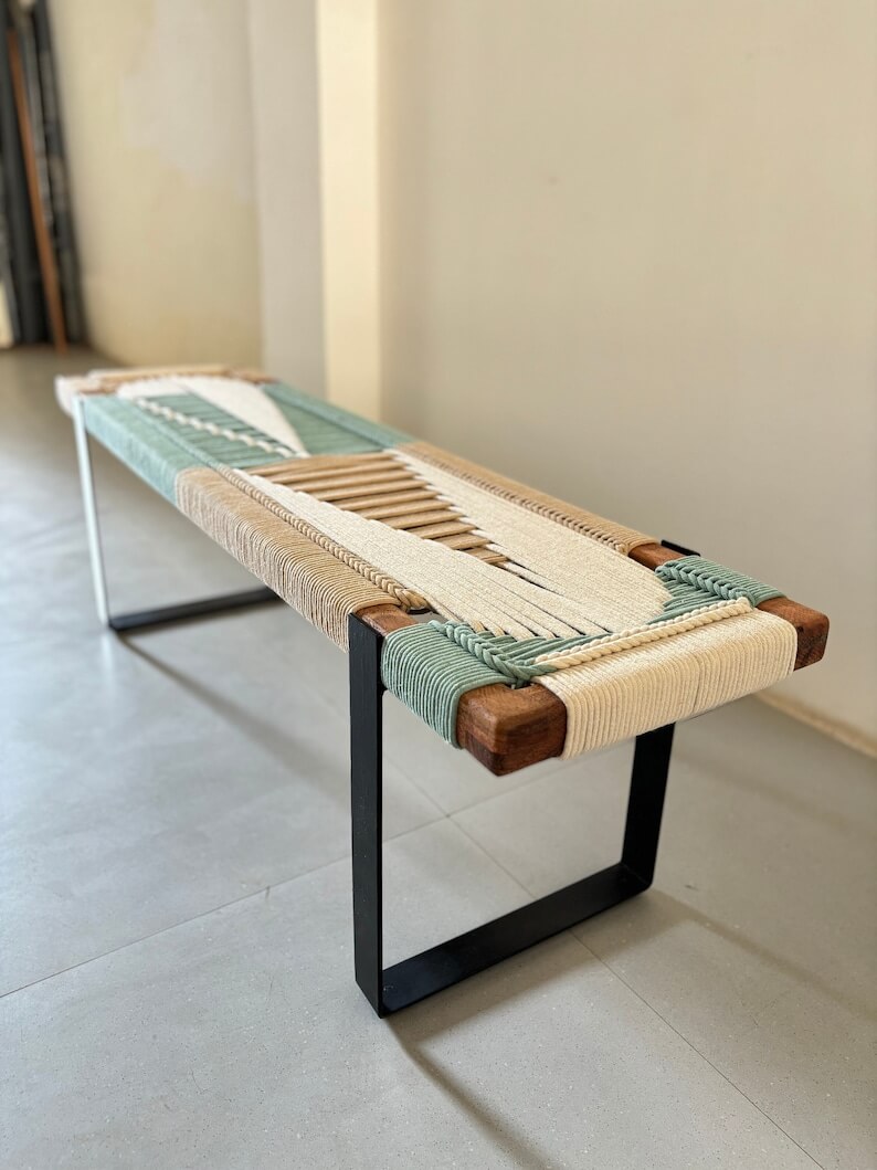 Mid Century Woven Bench • Modern Entryway Bench