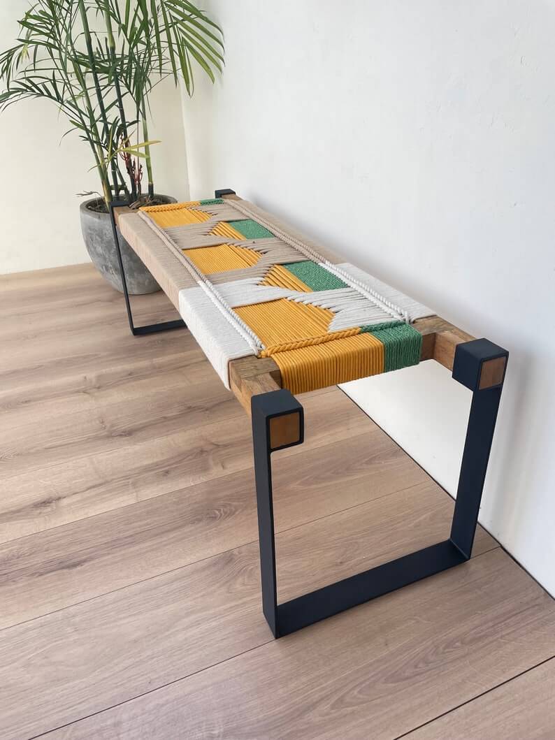 Hand Woven Bench • Mid Century Woven Bench • Modern Entryway Bench • End Bench • Metal Bench • Charpoy Bench, Hand Woven Bench - Image 3