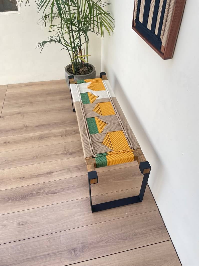 Hand Woven Bench • Mid Century Woven Bench • Modern Entryway Bench • End Bench • Metal Bench • Charpoy Bench, Hand Woven Bench