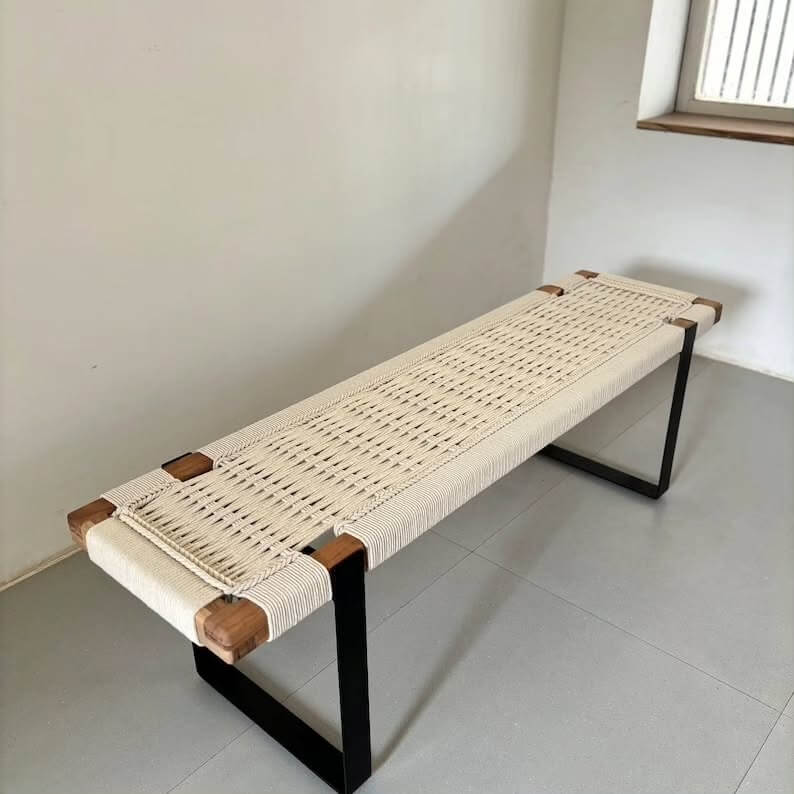 Mid Century Woven Bench • Modern Entryway Bench • End Bench
