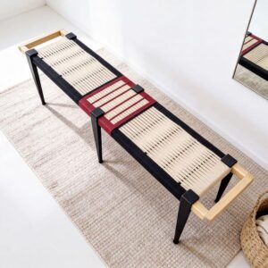 6ft Mid Century Woven Bench • Modern Entryway Bench